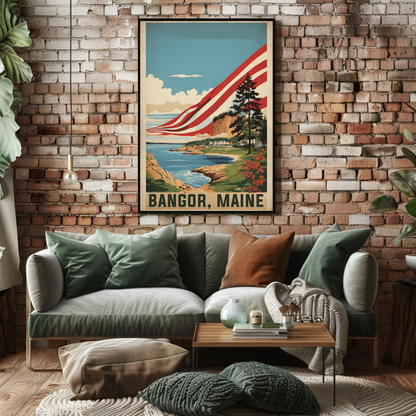Bangor Maine Coastal Cliffside Vintage Travel Poster