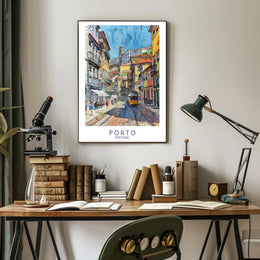 Porto Vibrant Cityscape Yellow Tram Urban Cityscape Poster PosterGoat