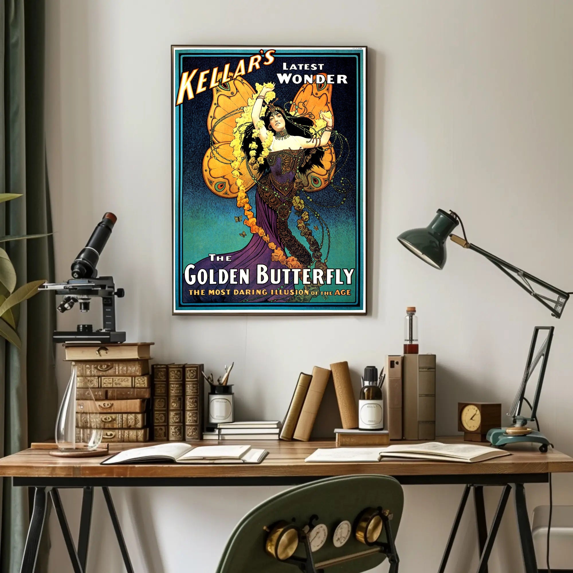 Kellar's Golden Butterfly Vintage Theatrical Poster showcases enchanting vintage theater art for collectors and enthusiasts.