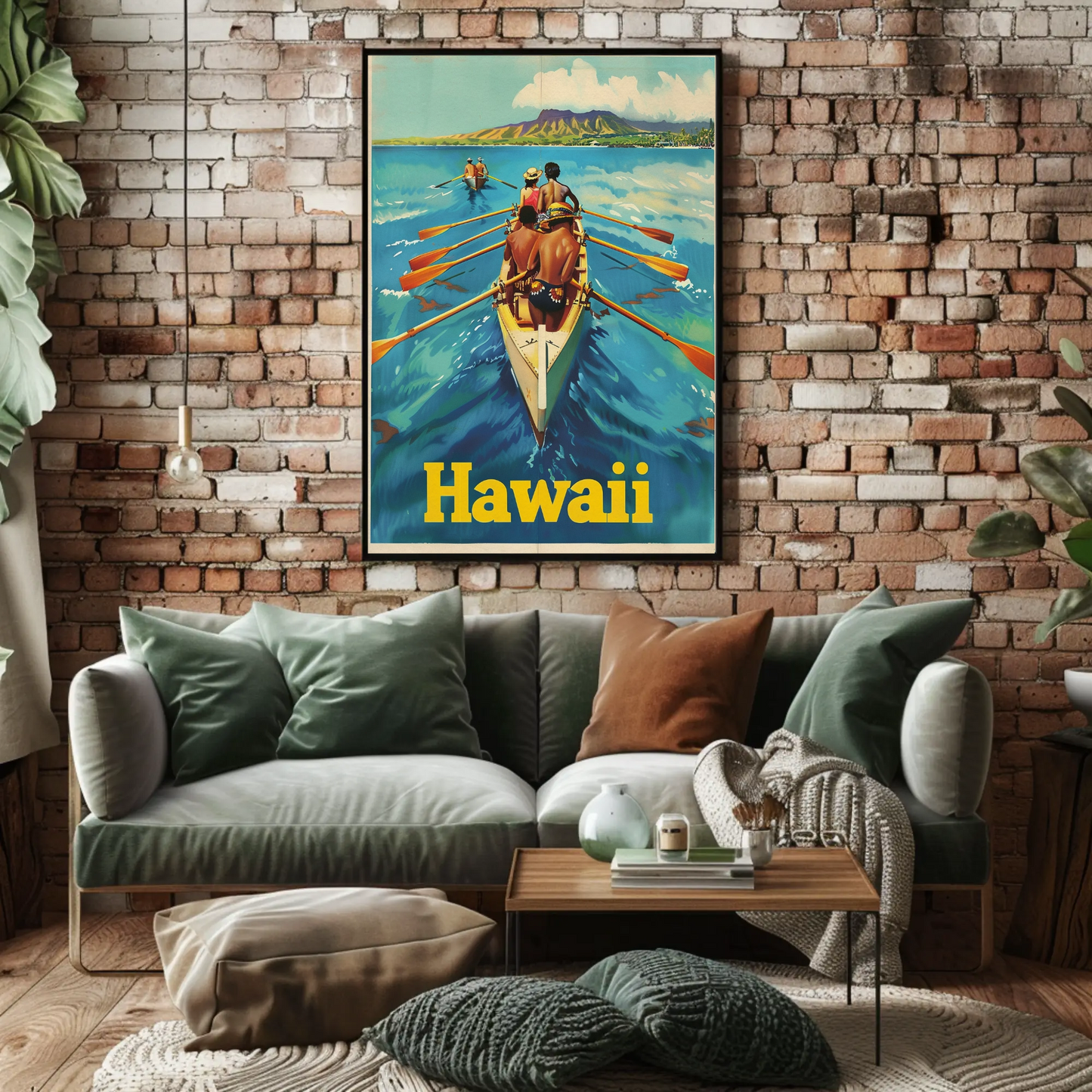 Vintage Travel Poster - Hawaii Rowing Canoe