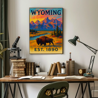 Wyoming Bison Mountains Sunset Vibrant Scenic Travel Poster