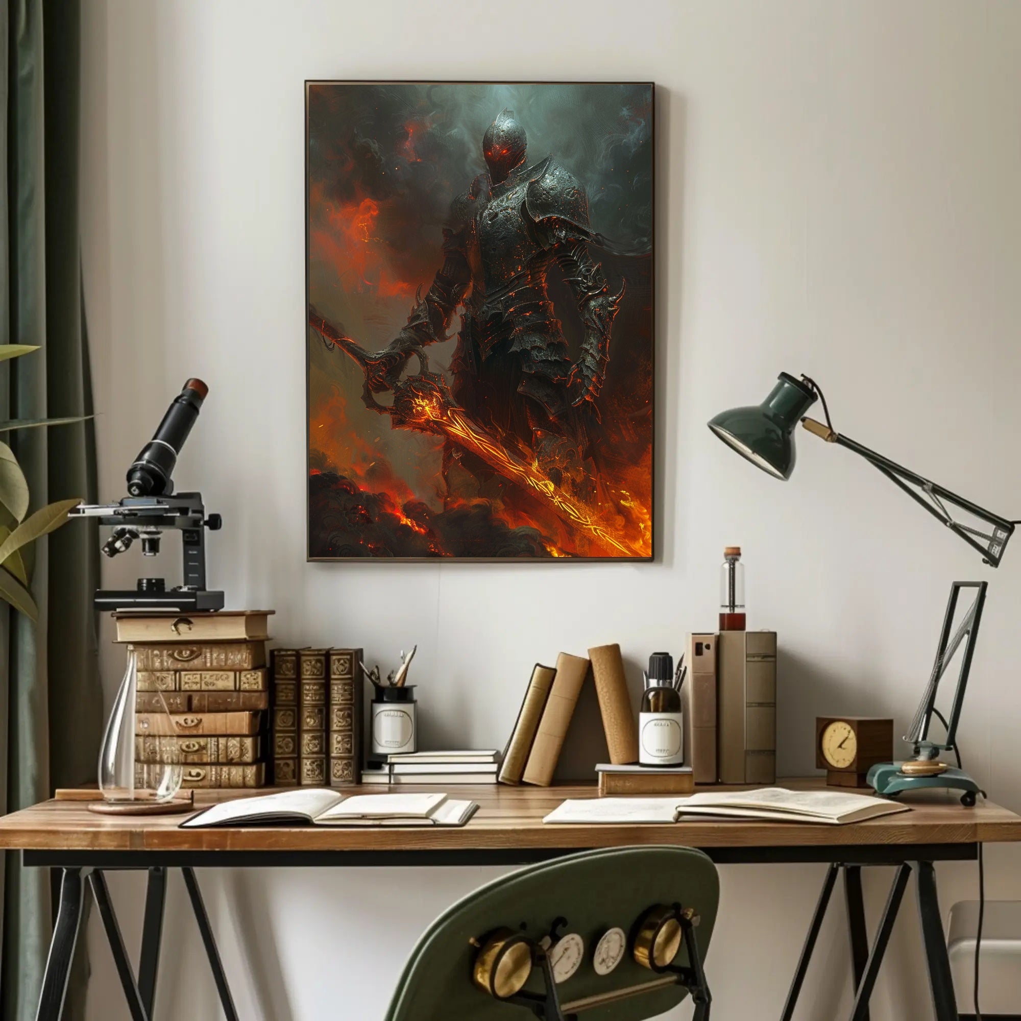 Armored Knight in Fiery Realm Fantasy or Mythology Poster PosterGoat