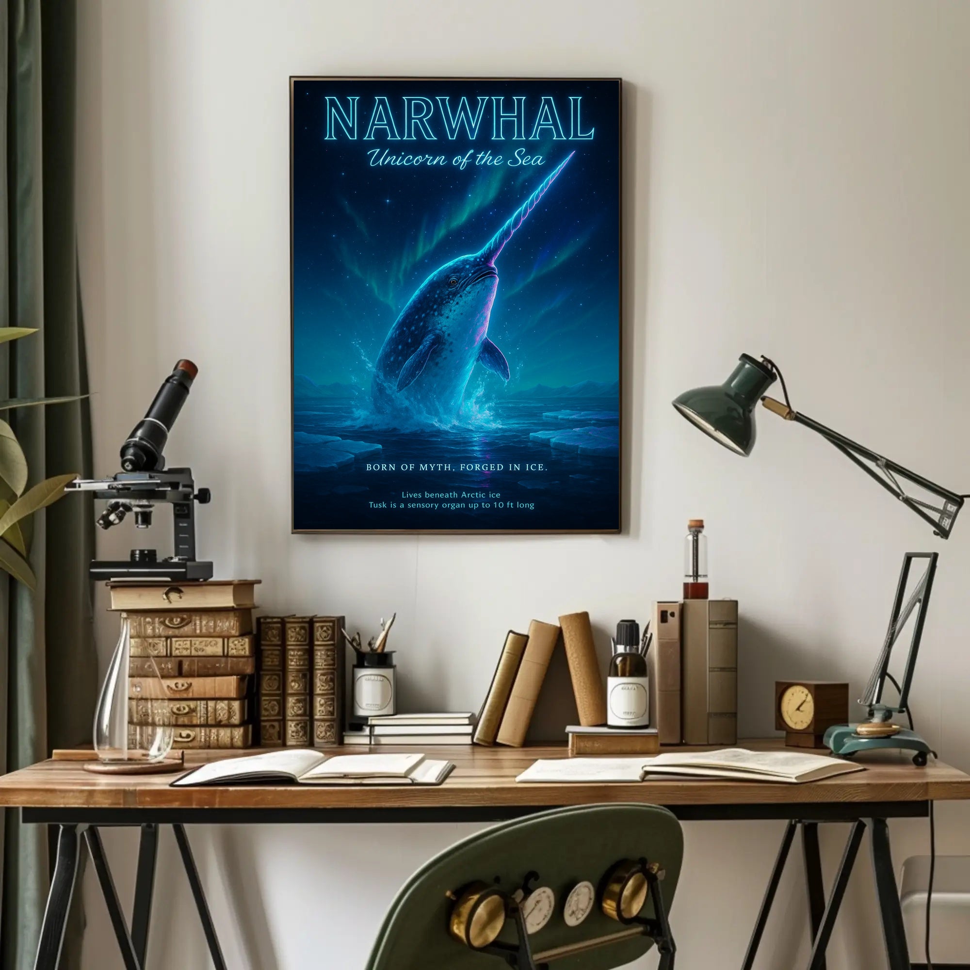 Narwhal Beneath Northern Lights Fantasy or Mythology Poster
