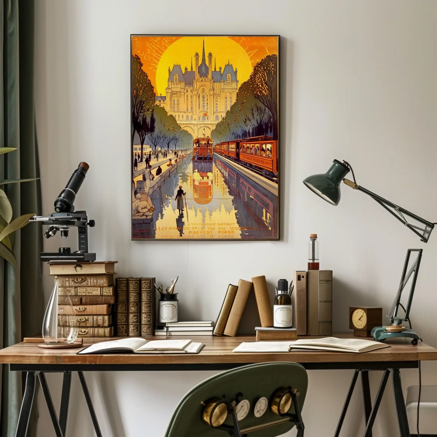 Paris Tram Canal Castle Sunset Travel Poster