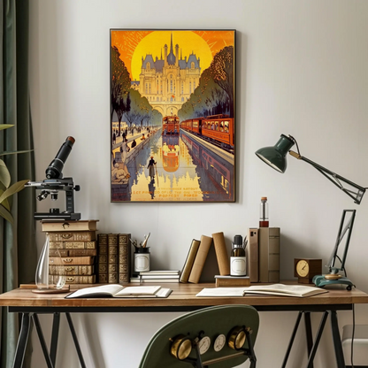 Paris Tram Canal Castle Sunset Travel Poster