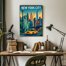 Iconic New York City Poster With Brooklyn Bridge Skyline