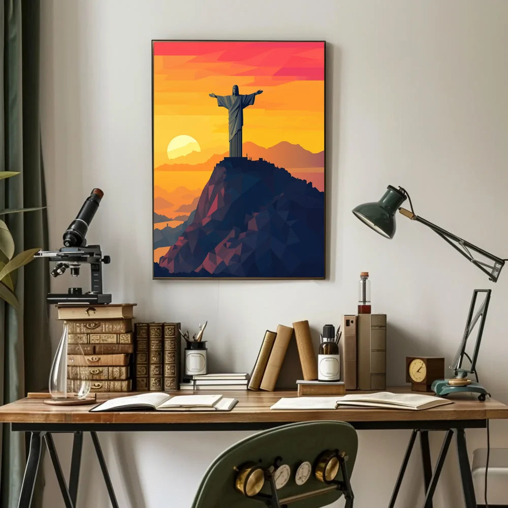 Christ the Redeemer Geometric Sunset Art Poster
