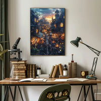 Whimsical Fantasy Market Scene Sunset Fantasy Poster PosterGoat