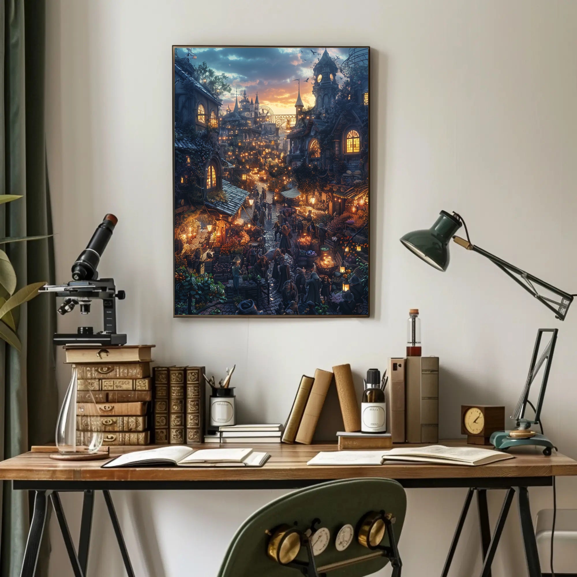 Whimsical Fantasy Market Scene Sunset Fantasy Poster PosterGoat