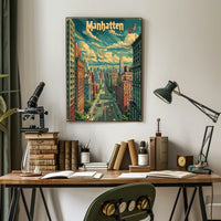 Manhattan Skyline Cityscape Poster Vintage Wall Art