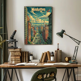 Manhattan Skyline Cityscape Poster Vintage Wall Art