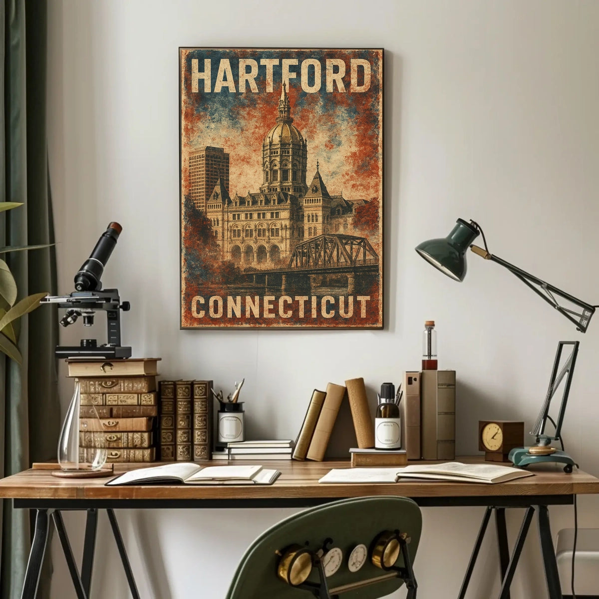 Hartford Connecticut Vintage Architectural Travel Art Deco Retro Eighties Historic Capitol Skyline Civic Pride Poster