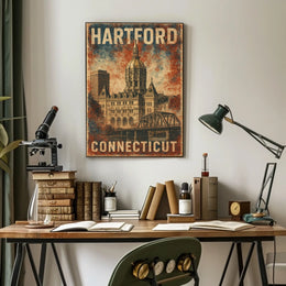 Hartford Connecticut Vintage Architectural Travel Art Deco Retro Eighties Historic Capitol Skyline Civic Pride Poster