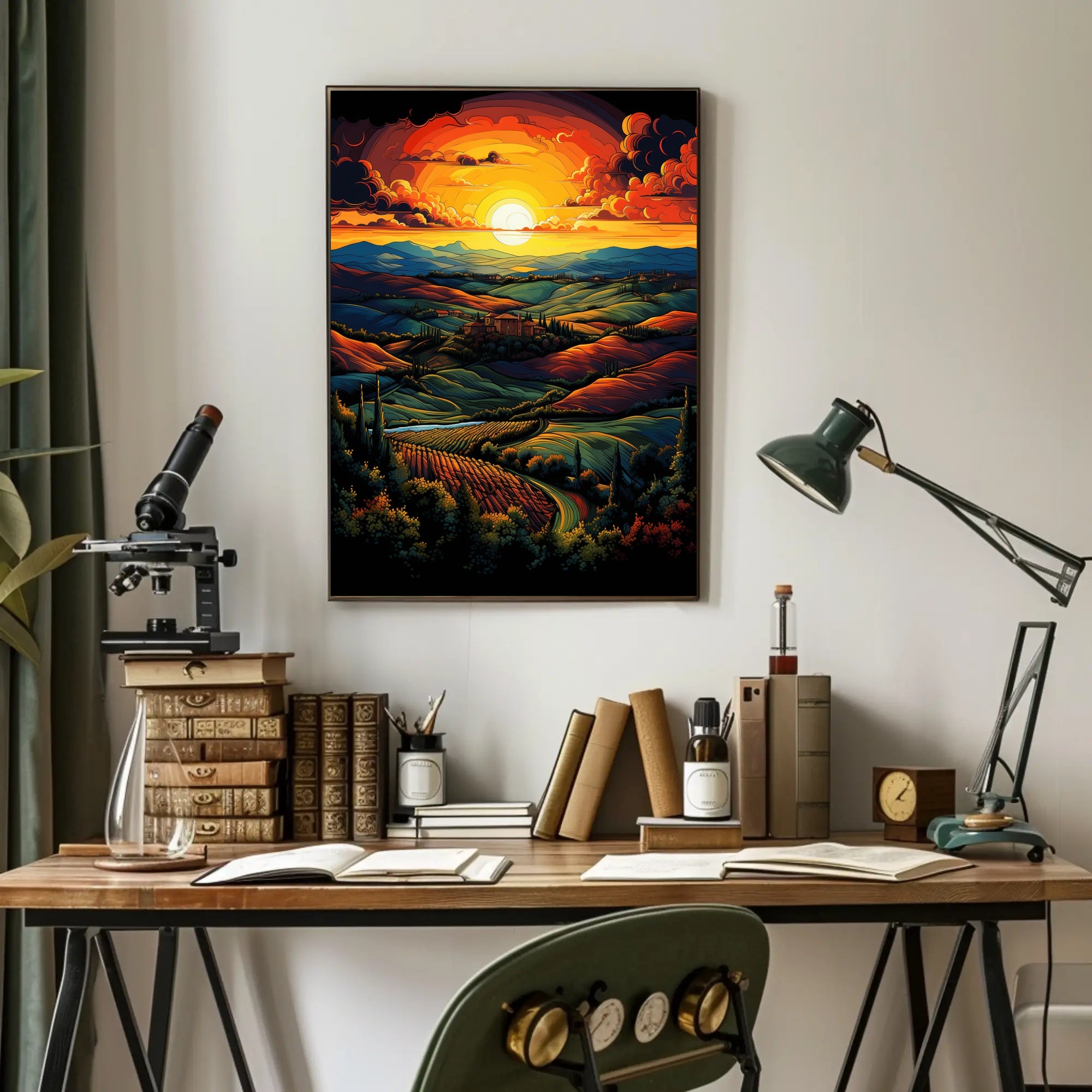 Vibrant Sunset Over Rolling Hills Poster