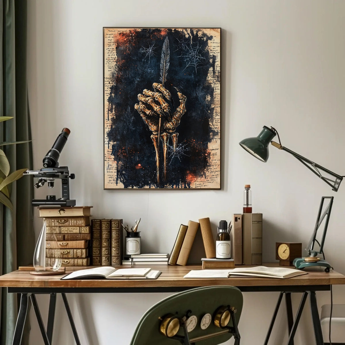 Skeletal Hand Quill Dark Theme Artistic Poster
