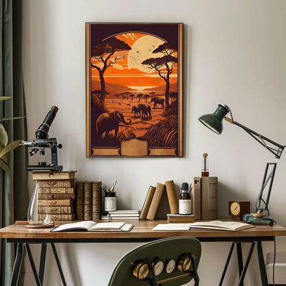 African Savanna Elephants Sunset Wildlife Travel Poster