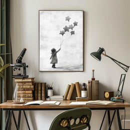 Child Releasing Star Balloons Minimalist Art Sketch Poster