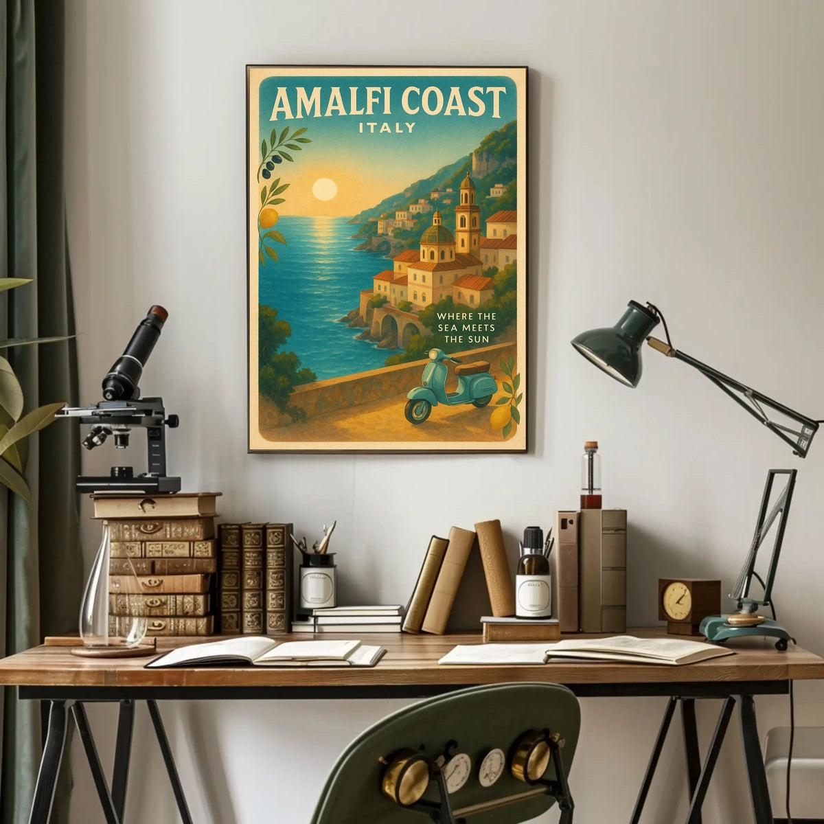 Amalfi Coast Vintage Travel Poster, Sunset Scene