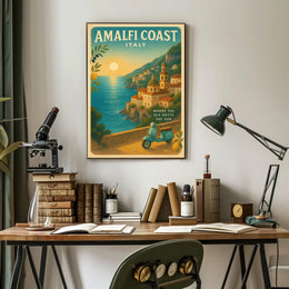 Amalfi Coast Vintage Travel Poster, Sunset Scene
