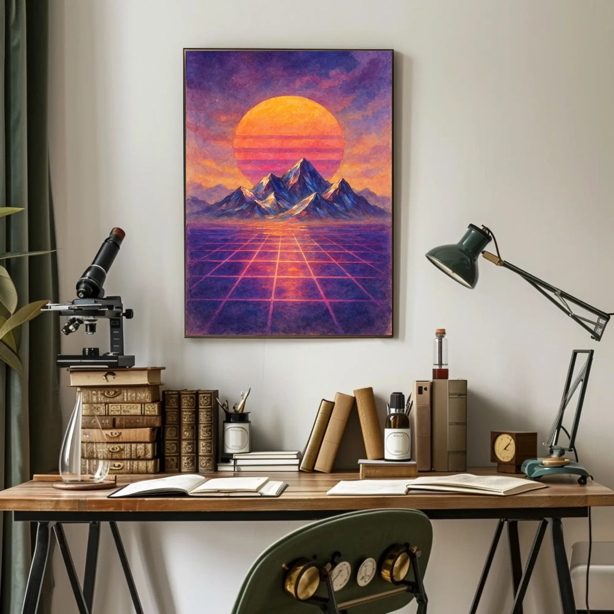 Vibrant Retro-Futuristic Sunset Over Mountains Futuristic Sci-Fi Poster