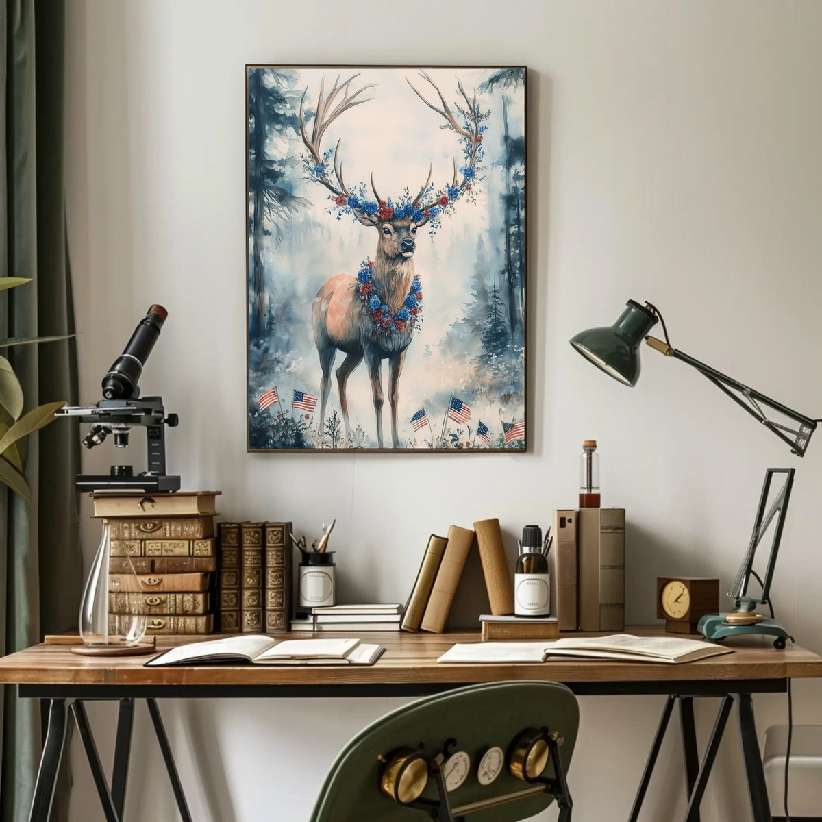 Deer With Antlers Adorned In Blue And Red Garland Poster
