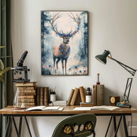 Deer With Antlers Adorned In Blue And Red Garland Poster