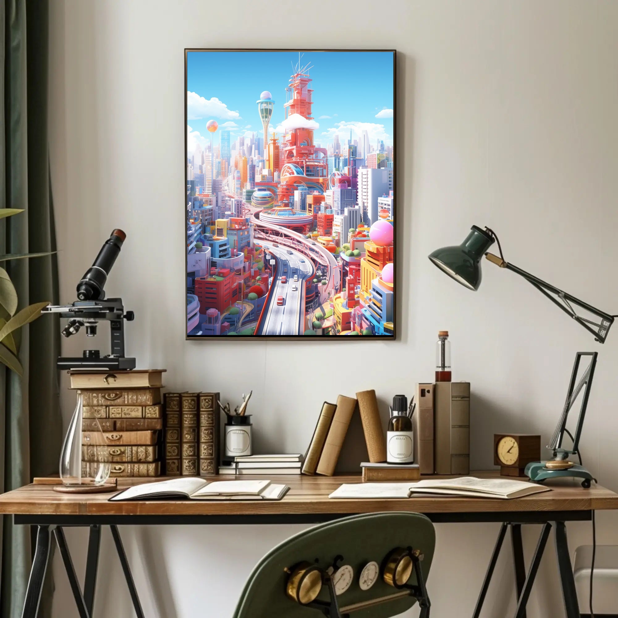Vibrant Cityscape Design in Futuristic Sci-Fi Poster