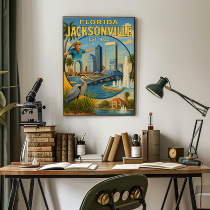 Jacksonville Florida Fishing Bridge Skyline Travel Poster