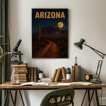 Arizona Desert Moonlight Pathway With Cactus Travel Poster