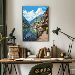 Picturesque European Lakeside Village Art Poster
