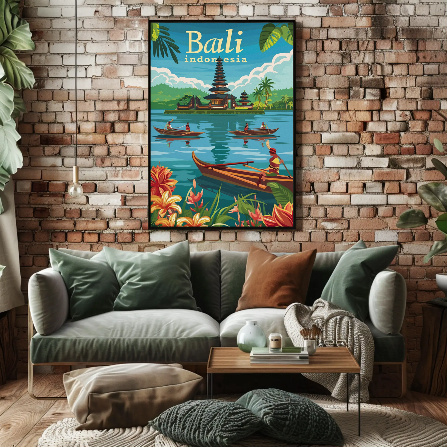 Bali Indonesia Vintage Travel Poster - Temple & Canoes