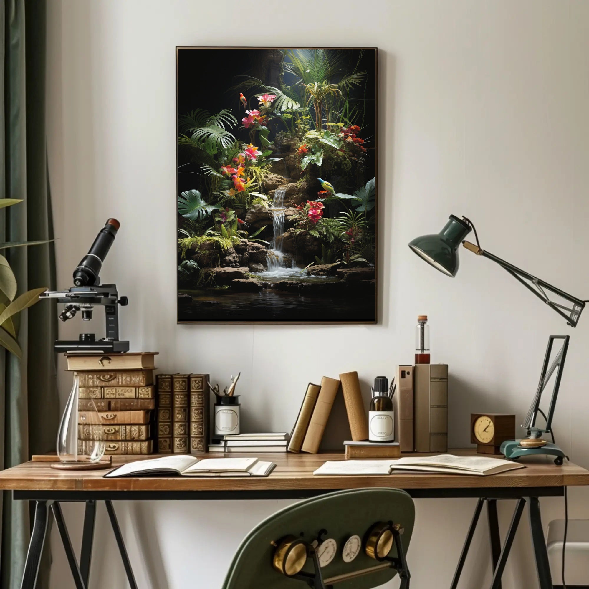 Tropical Paradise: Lush Botanical Poster Featuring Birds and Waterfall