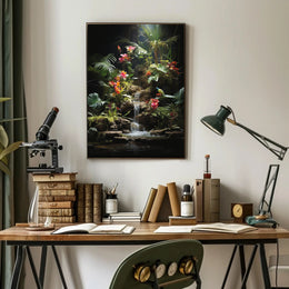 Tropical Paradise: Lush Botanical Poster Featuring Birds and Waterfall