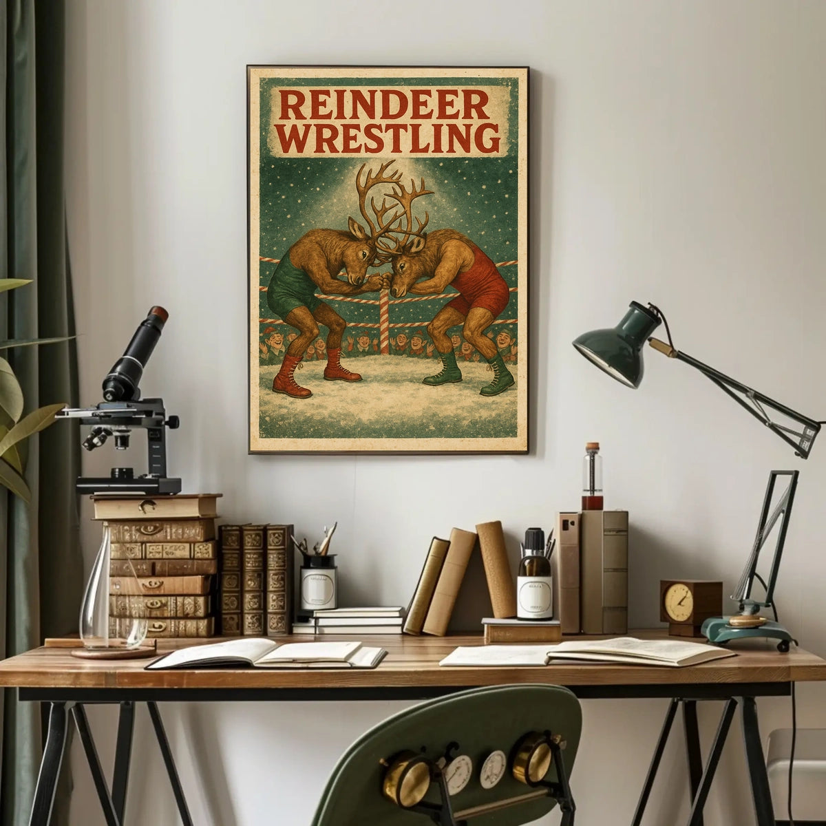 Reindeer Wrestling Holiday Art Print Sports Poster