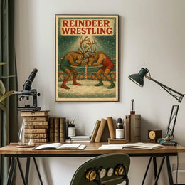 Reindeer Wrestling Holiday Art Print Sports Poster