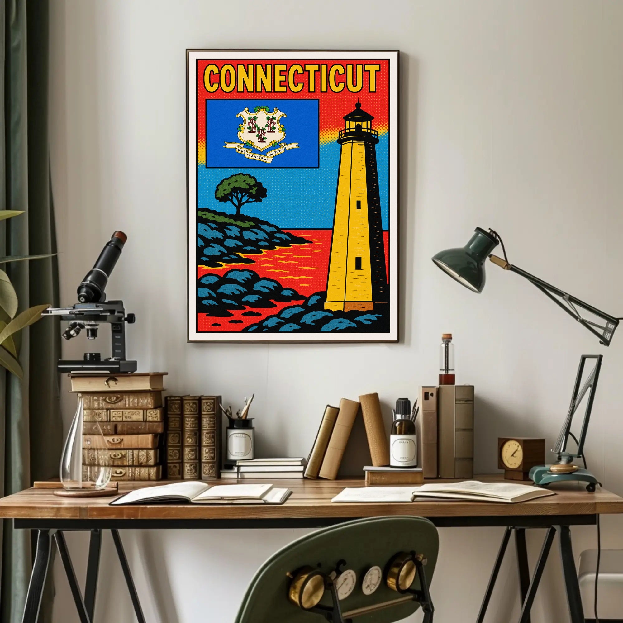 Connecticut Lighthouse and State Emblem Poster PosterGoat