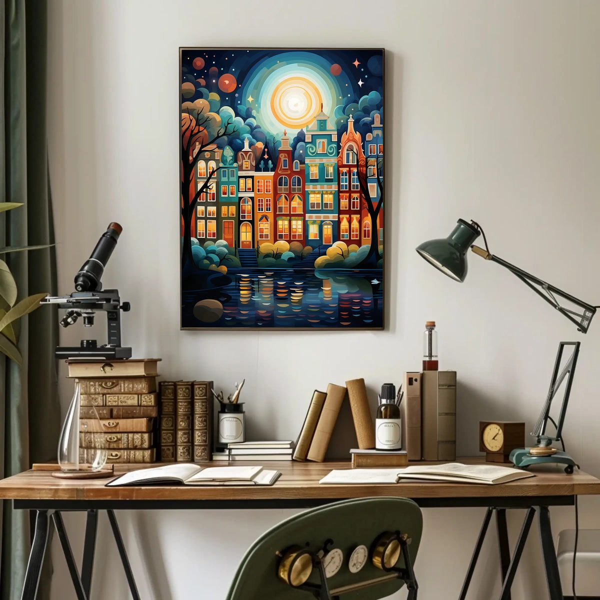 Vibrant European Cityscape at Night Travel Poster
