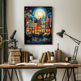 Vibrant European Cityscape at Night Travel Poster