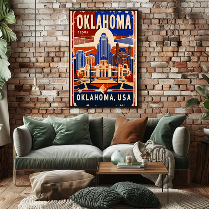 Oklahoma USA 1950s Art Deco Capitol Vintage Travel Poster