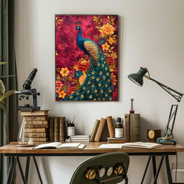 Majestic Peacock Amidst Lush Blooms: Artistic Animal Poster