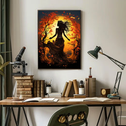 Autumn Dance: Silhouetted Woman in Vibrant Landscape