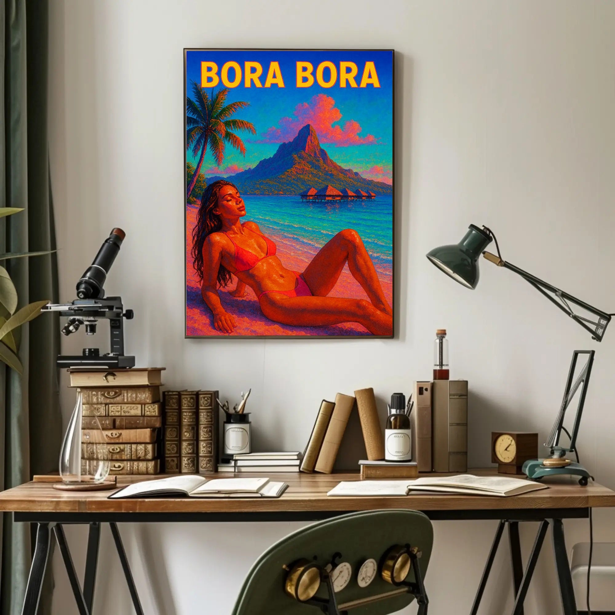 Vibrant Bora Bora Beach Scene in Travel Poster PosterGoat