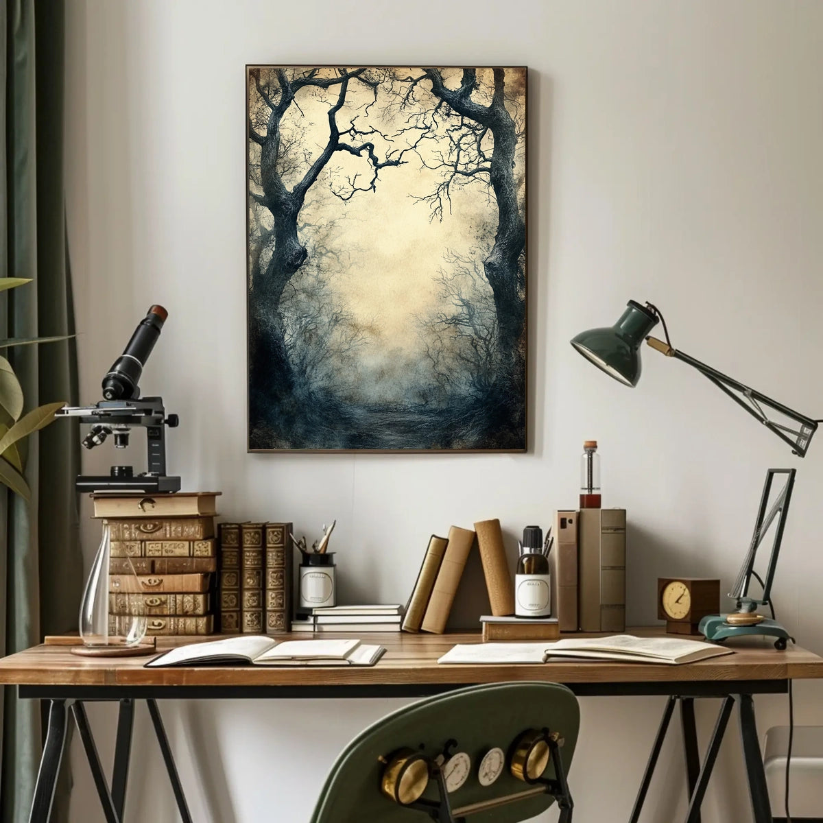 Enchanted Gnarled Trees in Misty Forest - Artistic Poster