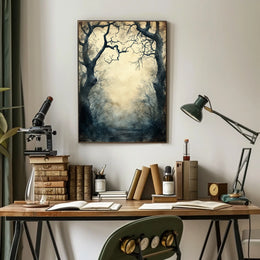 Enchanted Gnarled Trees in Misty Forest - Artistic Poster