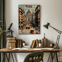 Bustling Milan Street Scene, Vintage Italian Cityscape Poster