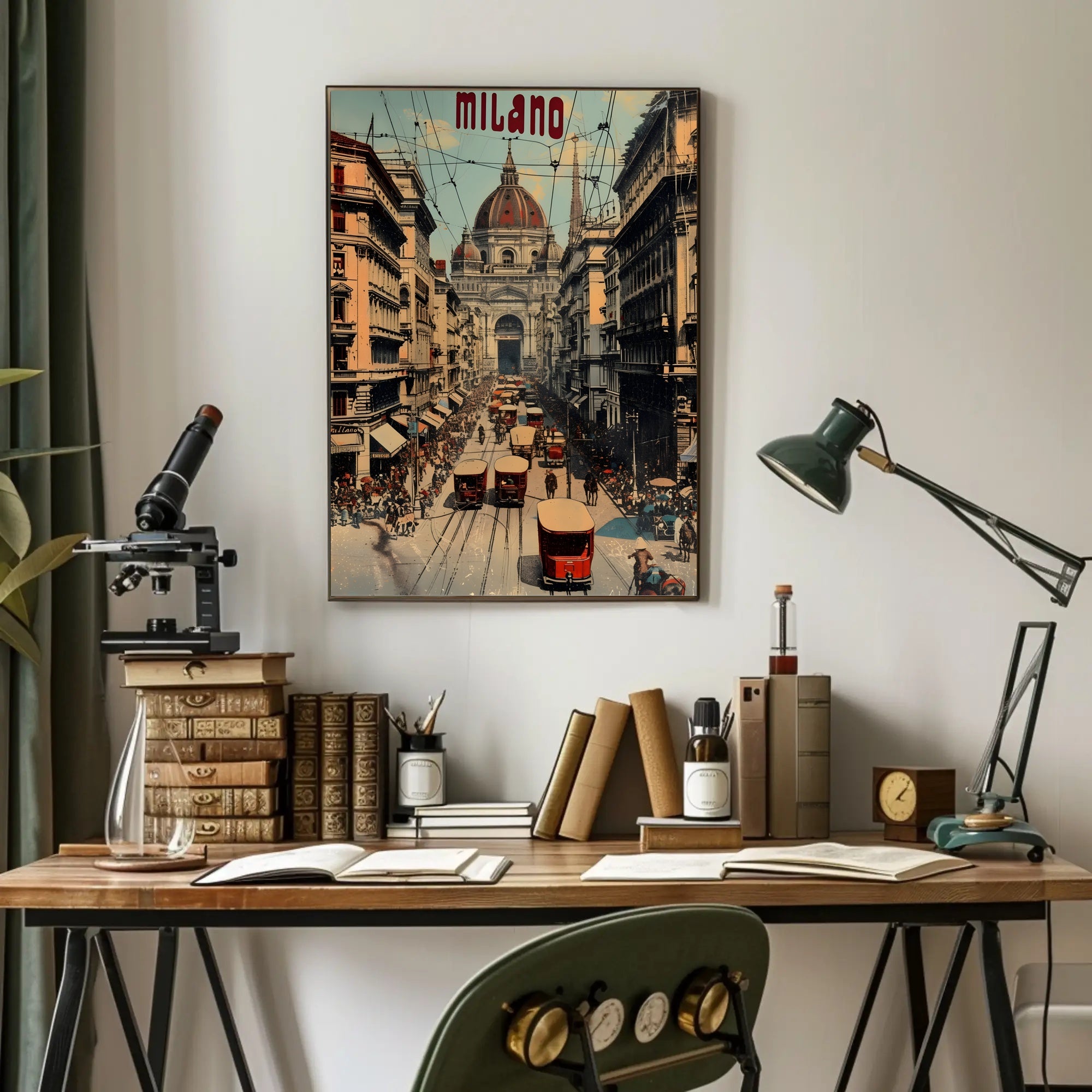 Bustling Milan Street Scene, Vintage Italian Cityscape Poster