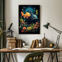 Underwater Adventure: Vintage Submarine and Orange Fish Poster