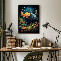 Underwater Adventure: Vintage Submarine and Orange Fish Poster