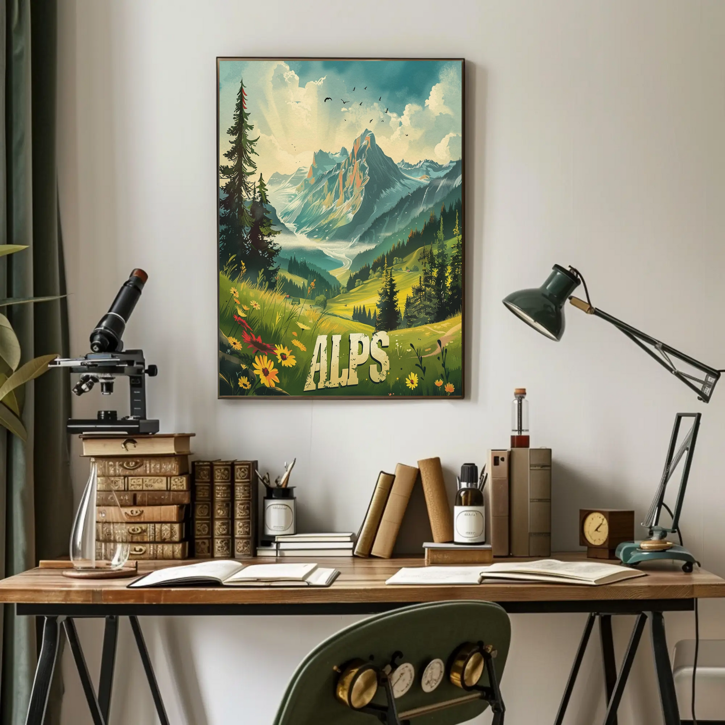 Alps Mountain Meadow Light Rays Forest Travel Poster