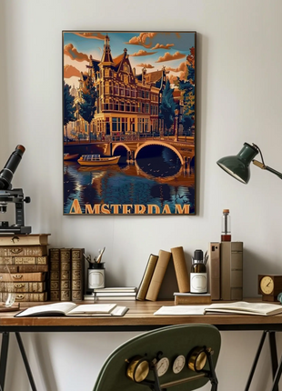 Amsterdam Canals Historic Architecture Boats Scenic Travel Poster